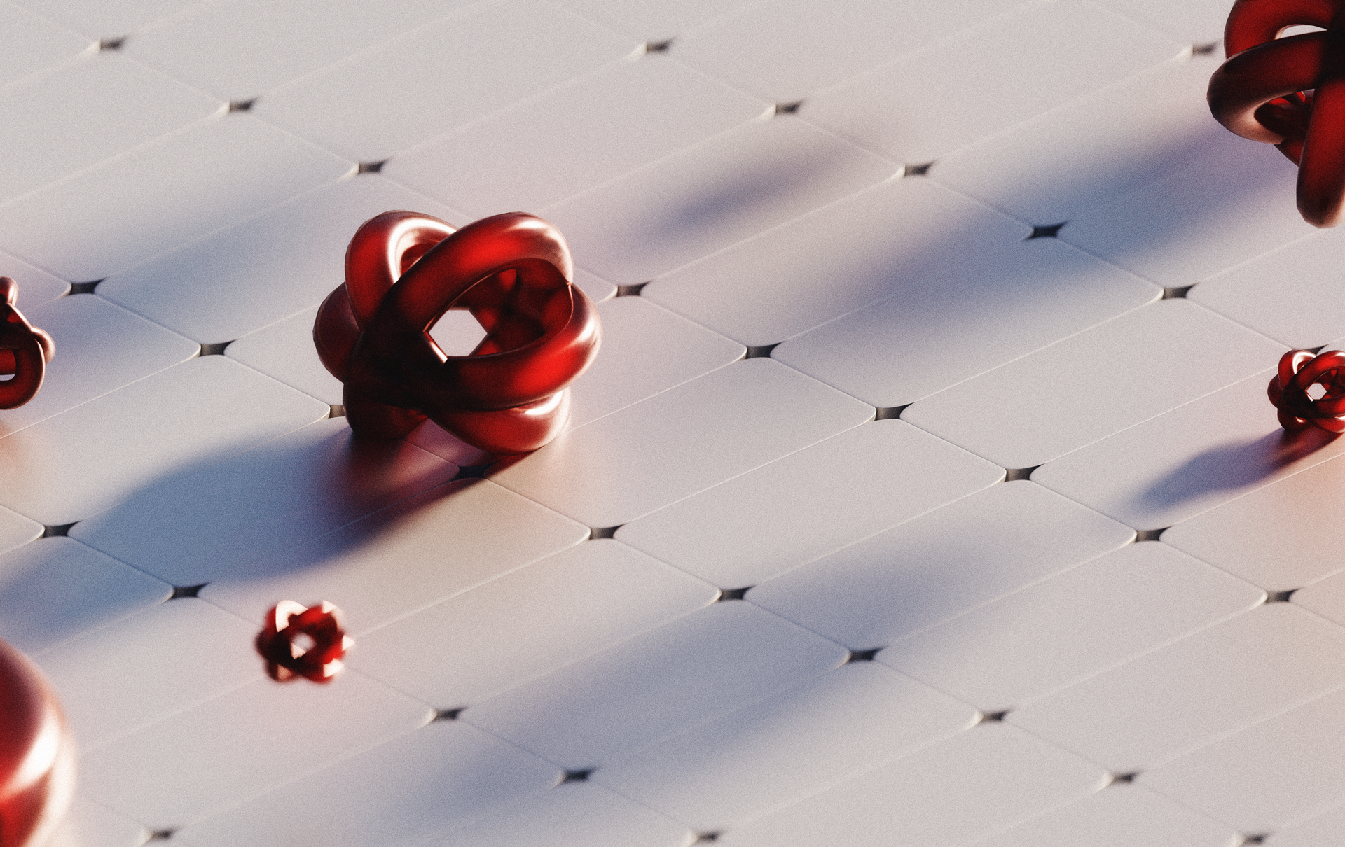 render surrealista de elementos rojos con suelo en baldosas